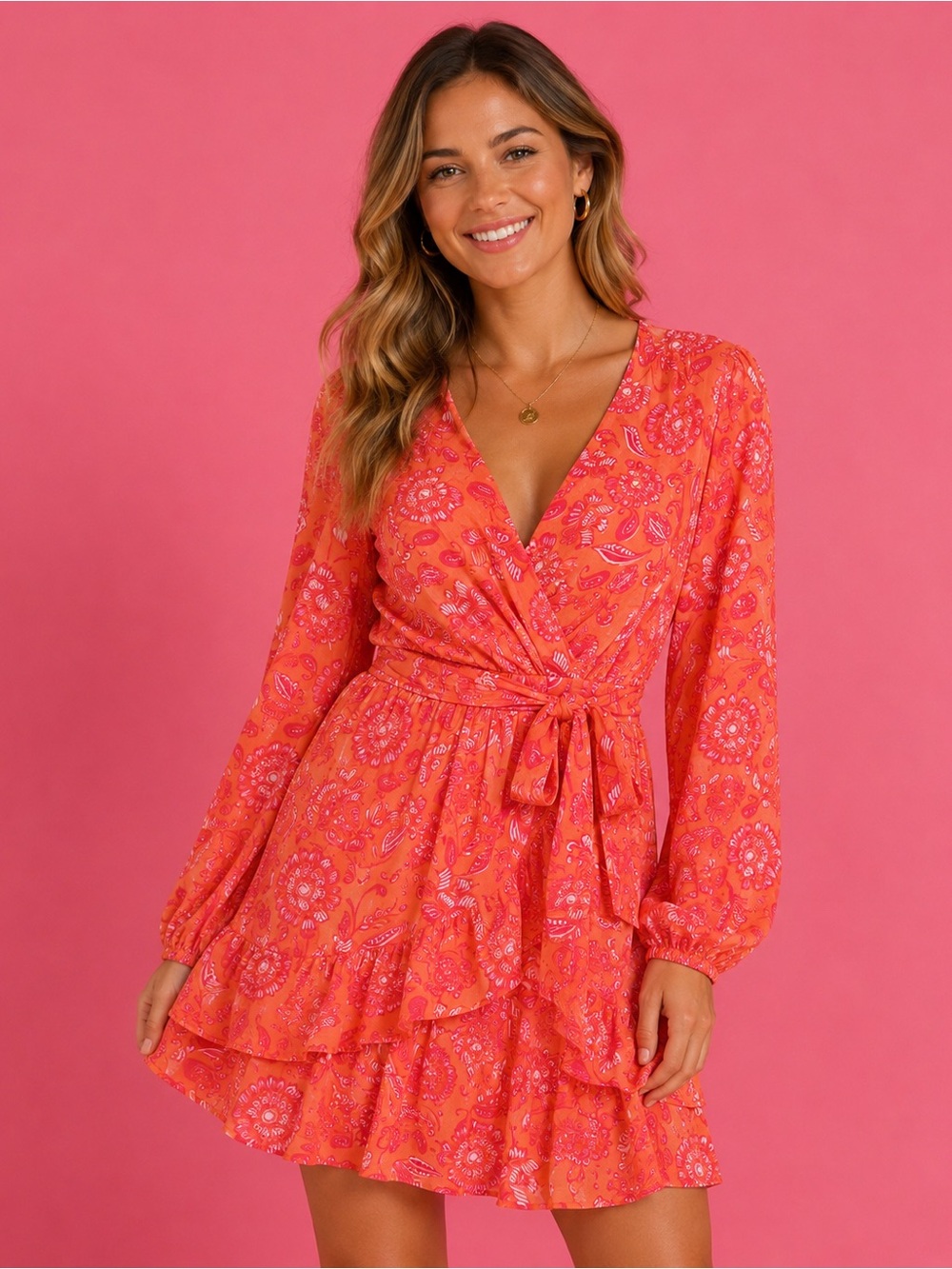 Japna Coral Pink Paisley Wrap Dress with Tie Waist